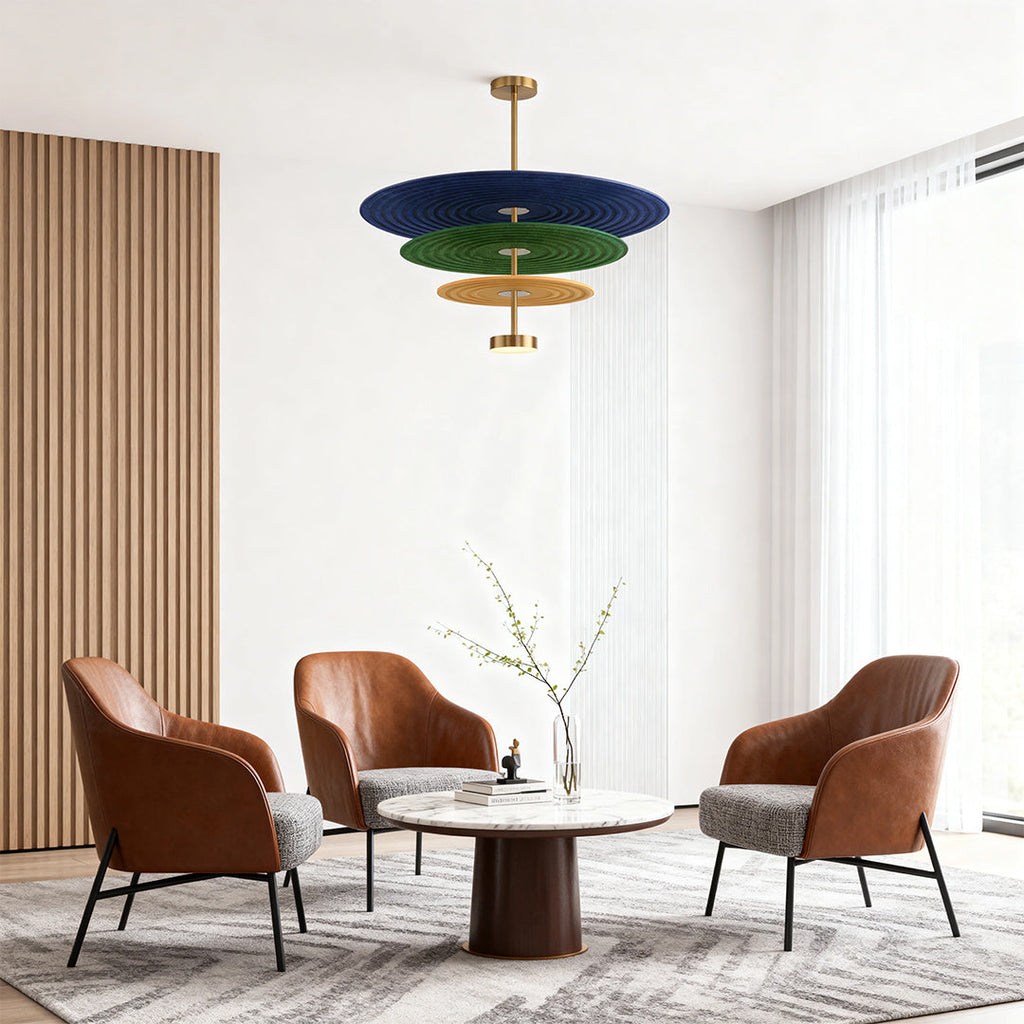 Blue and green felt tier chandelier in a modern lounge