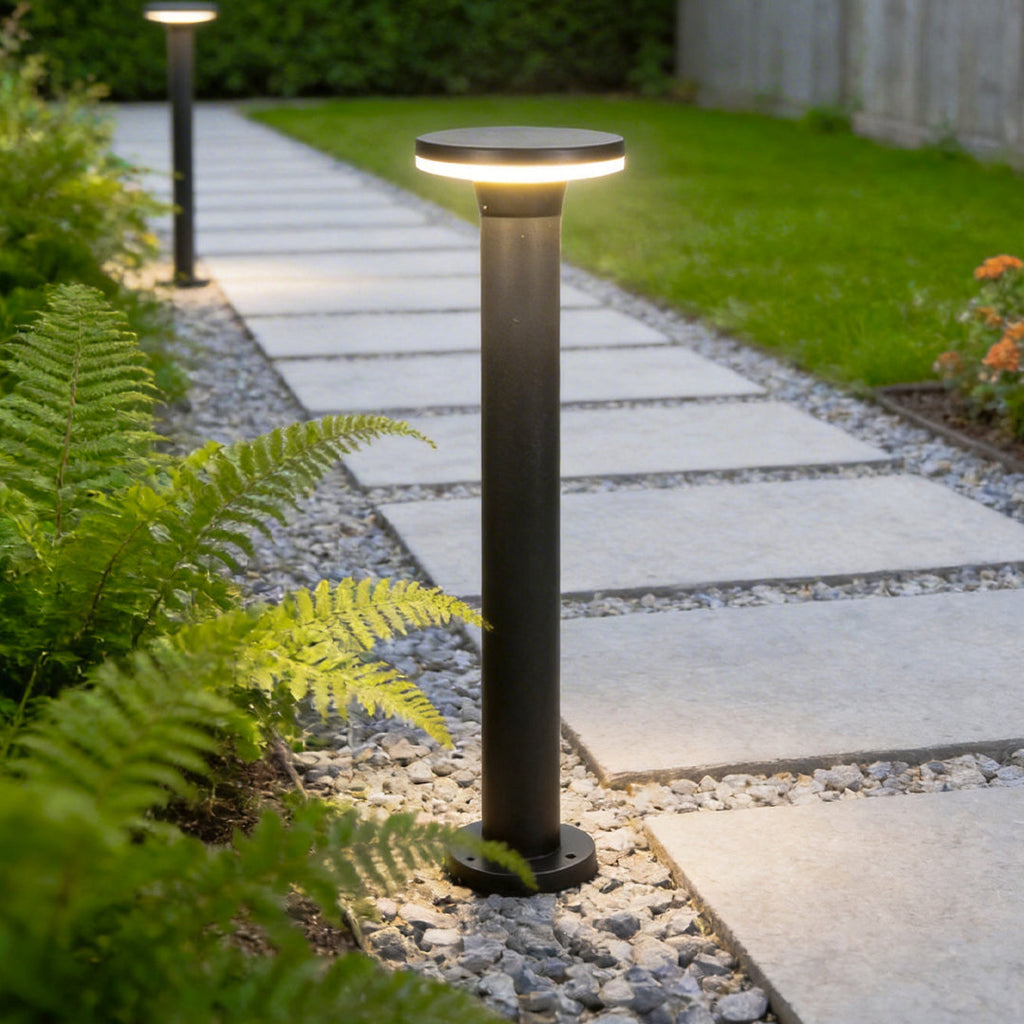 Bollard pathway lights illuminating a garden path
