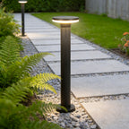 Bollard pathway lights illuminating a garden path
