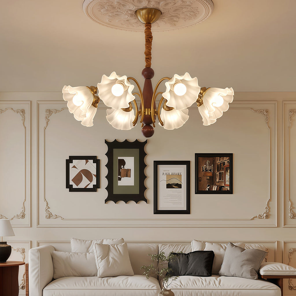 Second bottom view of the flower medallion on the chandelier
