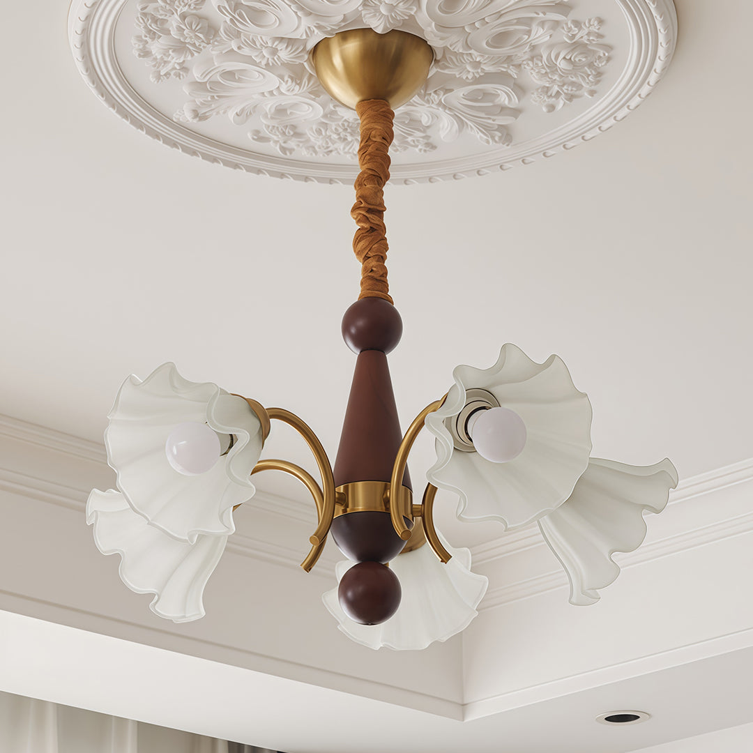 Bottom view of the symmetrical flower medallion of the chandelier
