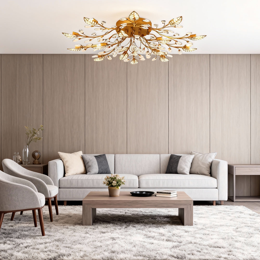 Brass Branch Crystal Chandelier, Leaf-Inspired Ceiling Light for Dining Rooms and Entryways, Fifteen-Light Sparkling Canopy
