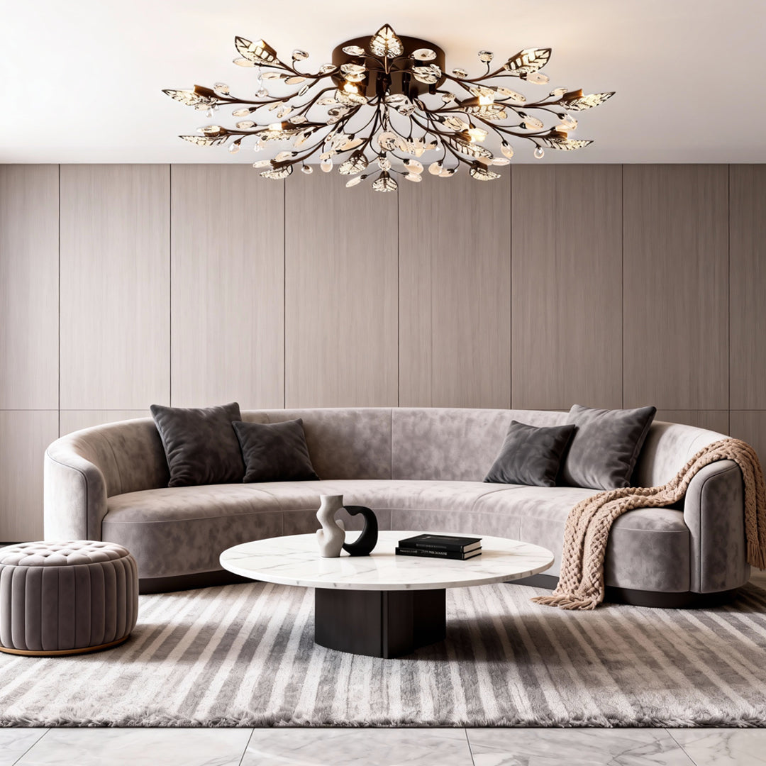 Brass Branch Crystal Chandelier, Leaf-Inspired Ceiling Light for Dining Rooms and Entryways, Fifteen-Light Sparkling Canopy
