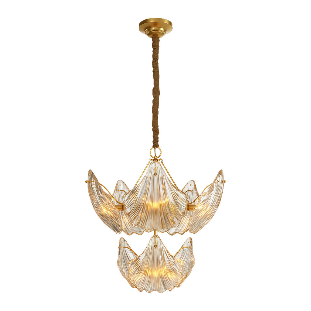 Brass chandelier with leaf shaped textured glass