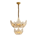 Brass chandelier with leaf shaped textured glass
