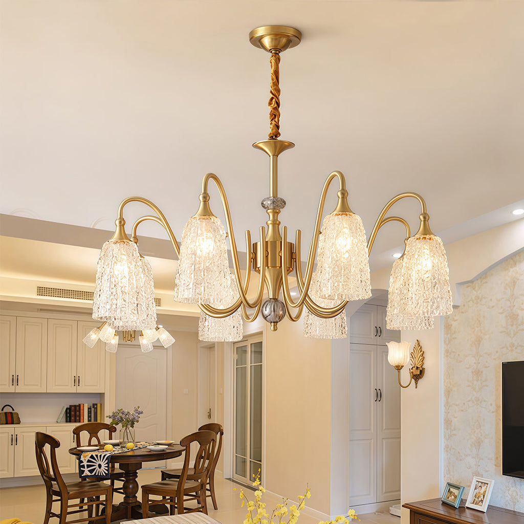 Vintage brass chandelier hanging in a classic dining room