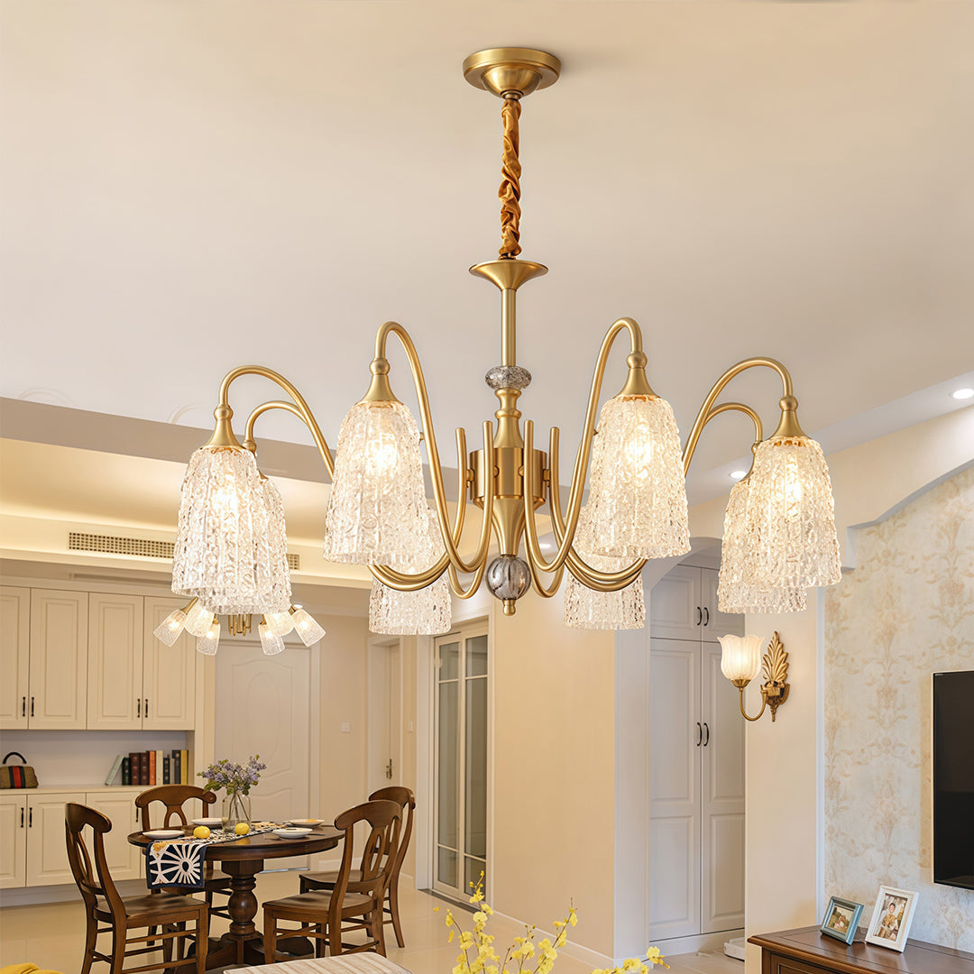 Vintage brass chandelier hanging in a classic dining room