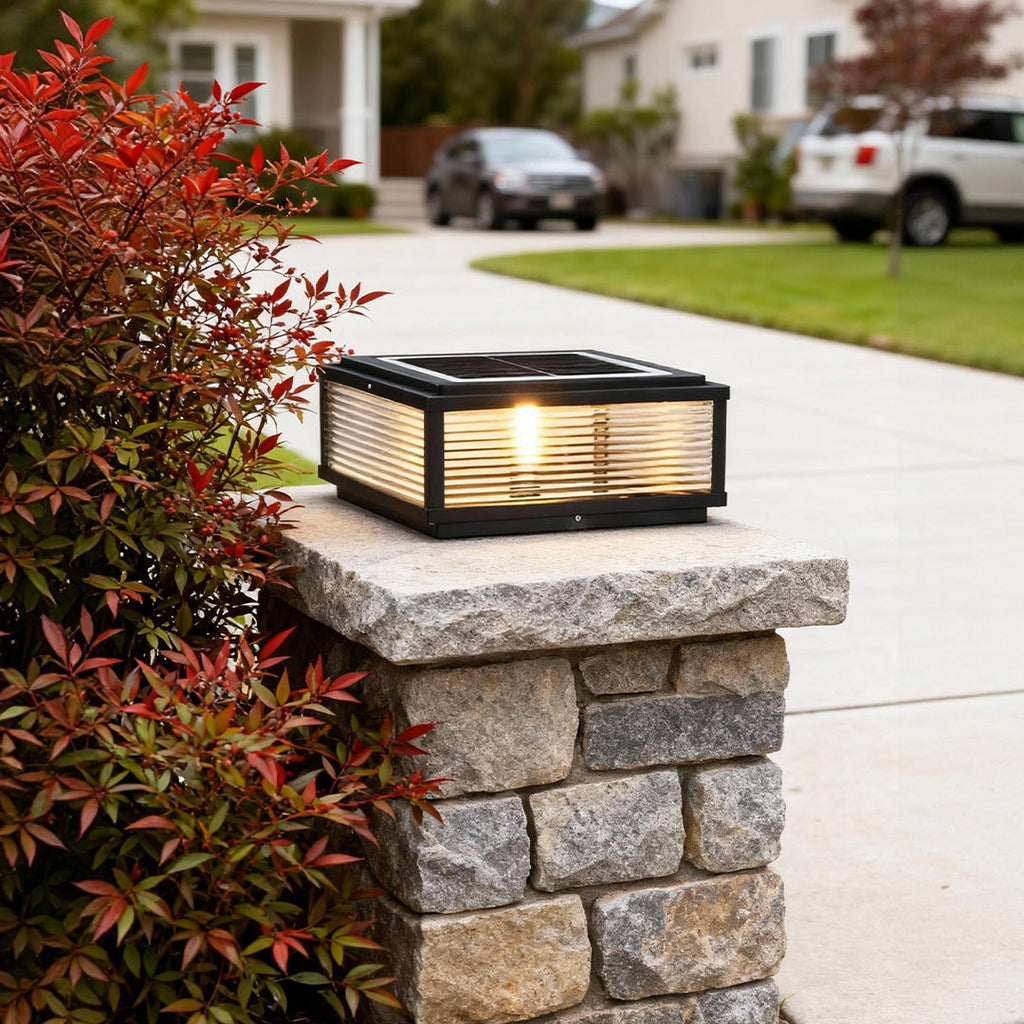 Square Pillar Post Light, Ribbed Glass and Stainless Steel Column Lantern for Gate Posts and Driveways, Solar or Hardwired