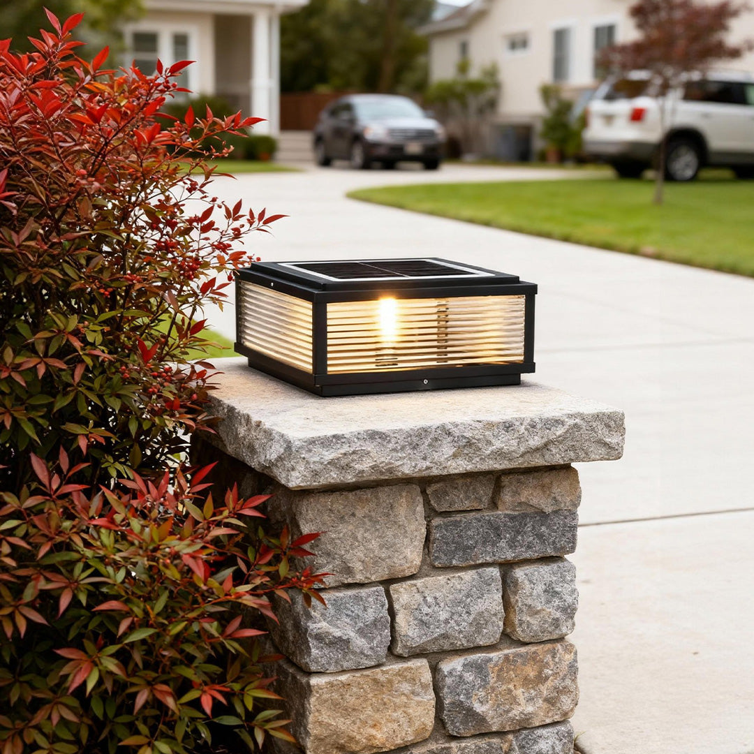 Square Pillar Post Light, Ribbed Glass and Stainless Steel Column Lantern for Gate Posts and Driveways, Solar or Hardwired