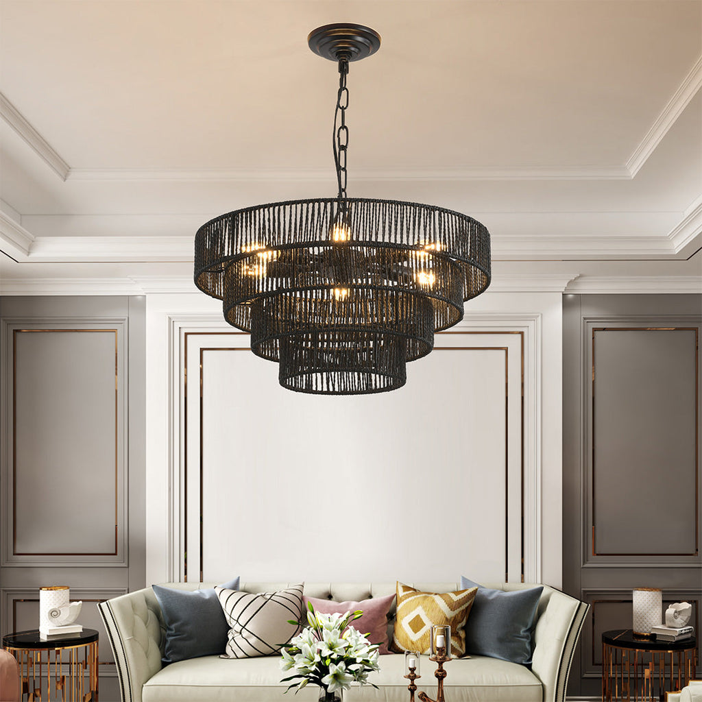 Japanese Chandelier, Iron and Jute Rope Zen Ceiling Light for Dining Room, 6 or 8 Lights