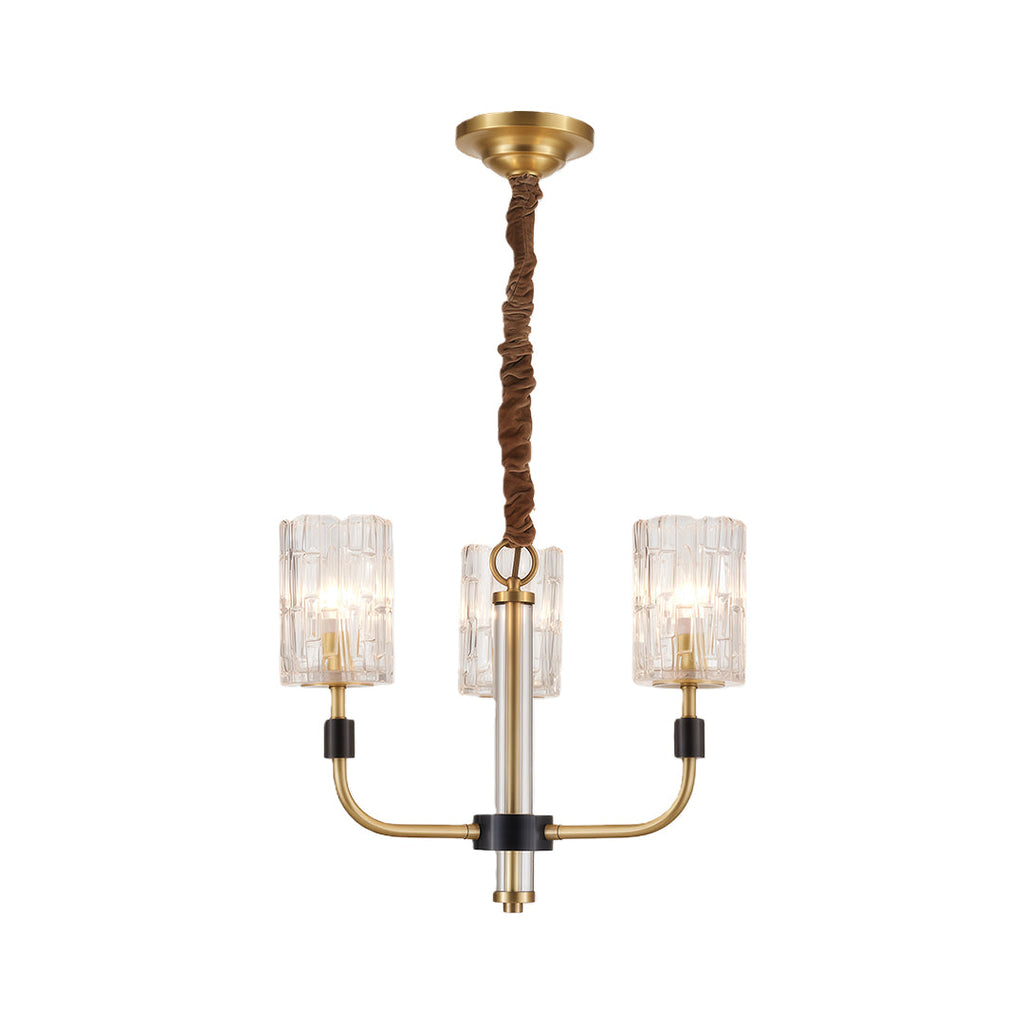 Brushed brass chandelier with textured crystal cylinders