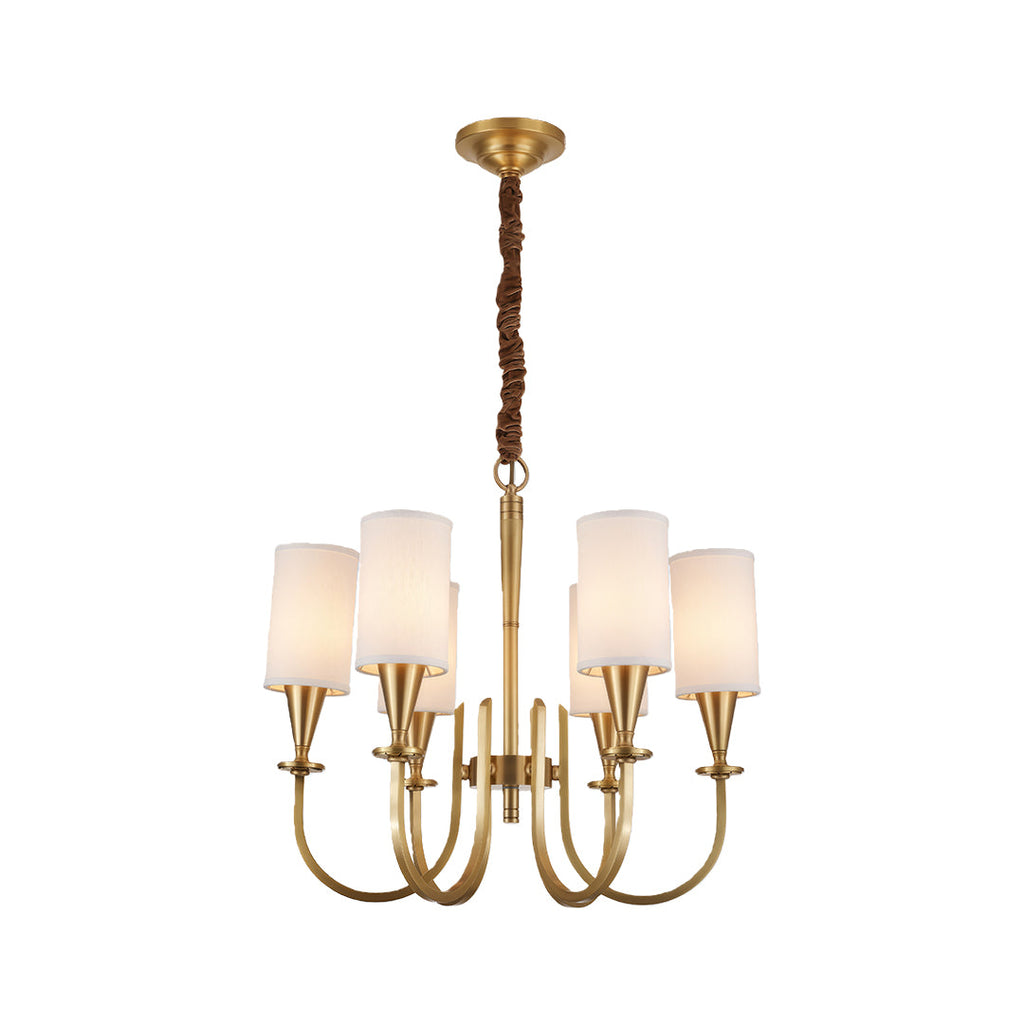 Brushed copper chandelier with white fabric cone shades