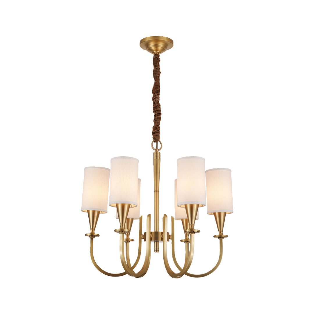 Brushed copper chandelier with white fabric cone shades