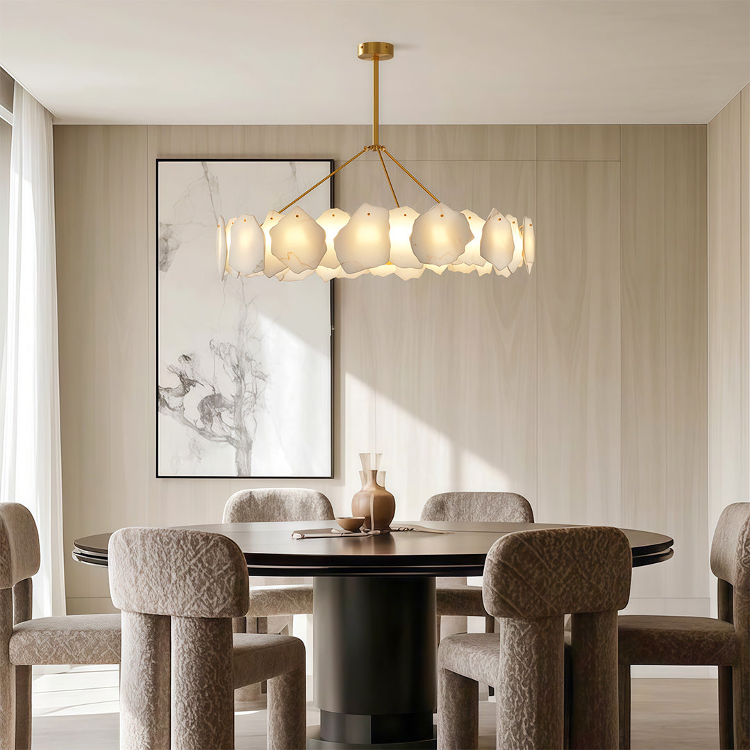 Modern LED Chandelier, Copper and Marble Ceiling Light for Dining Room, 3-Color Temperature