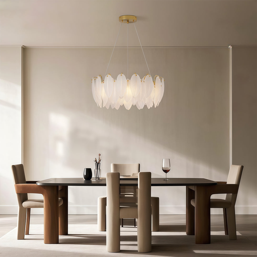 Brushed nickel chandelier with symmetrical leaf shades
