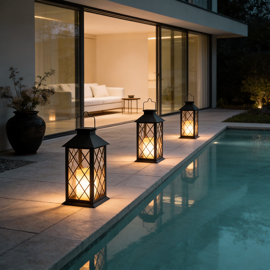 Portable Solar Candlestick Lantern, Industrial Black LED Outdoor Table Lamp for Patios and Balconies, Warm White Glow