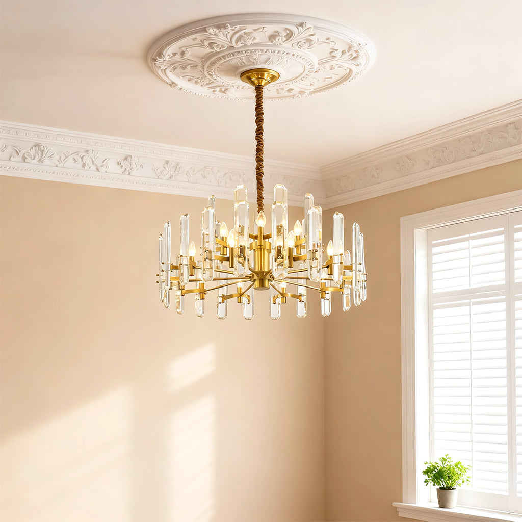 Brass ring chandelier in a bright dining room with white walls