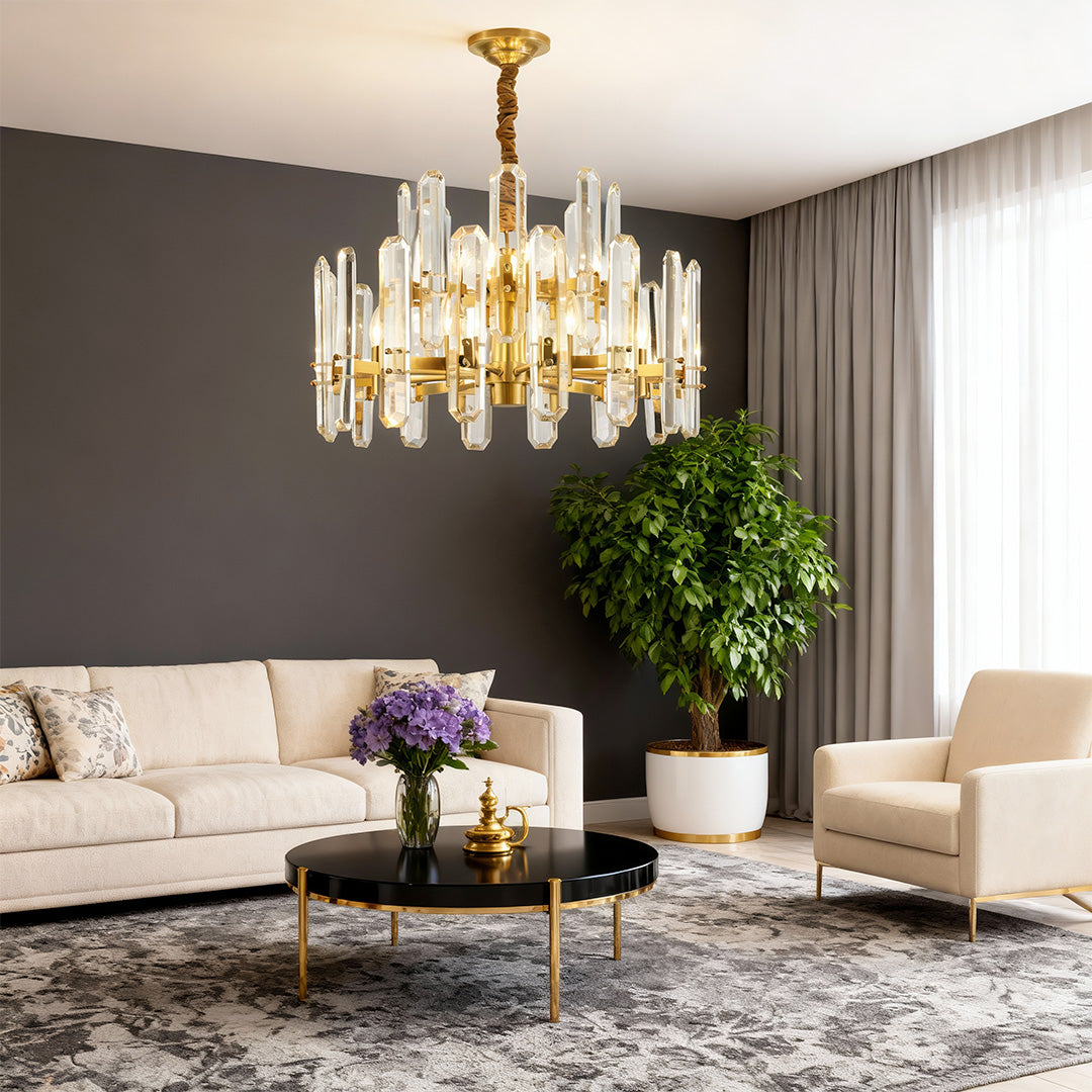 Brass ring chandelier in a contemporary room with grey walls