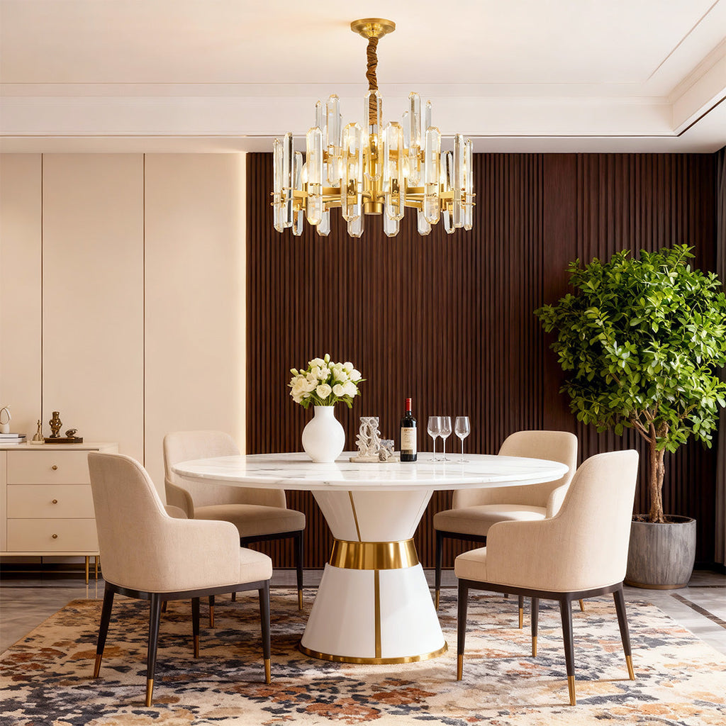 Brass ring chandelier above an elegant round dining table