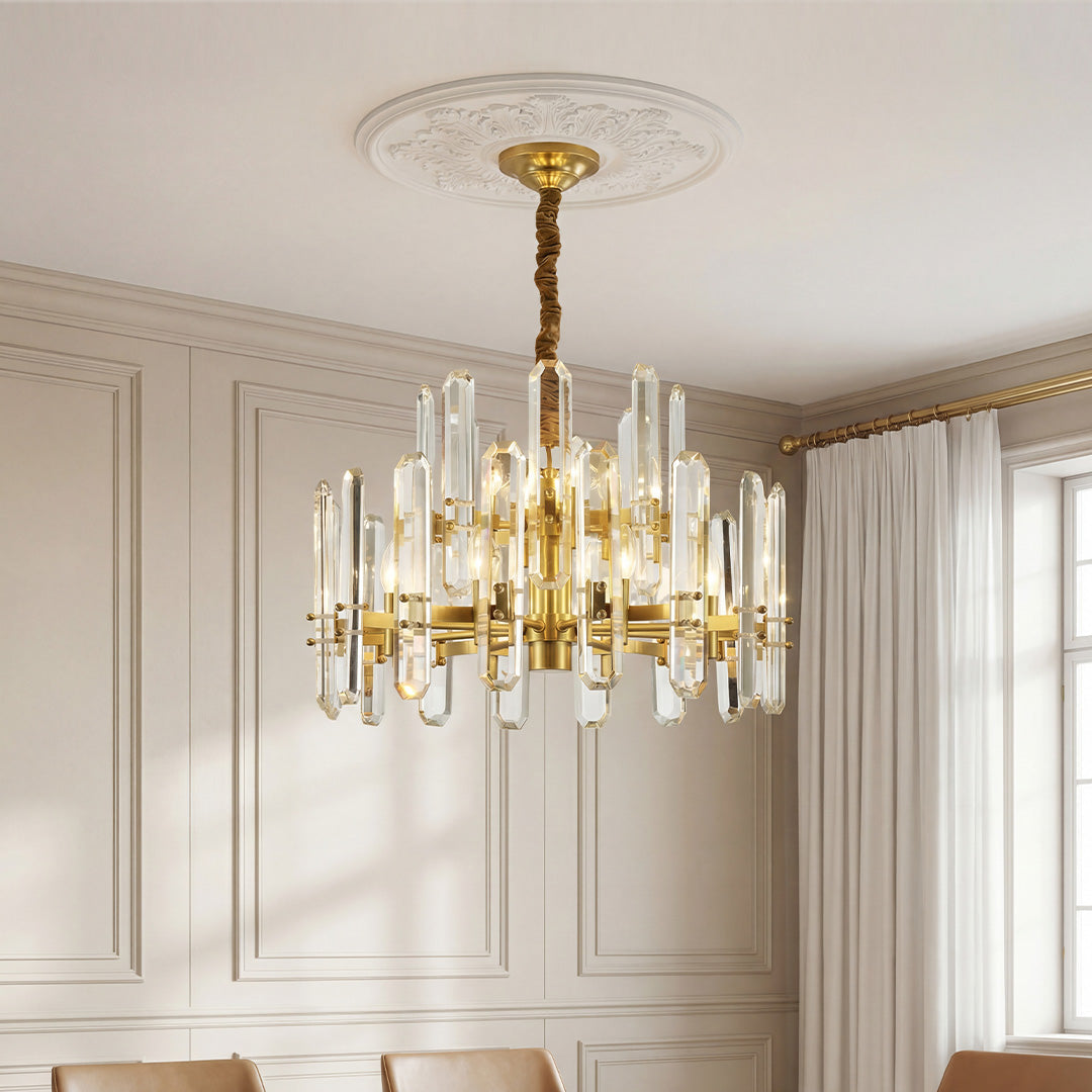 Brass chandelier with staggered crystal prisms