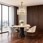 Brass ring chandelier in a dining room with wood panelling