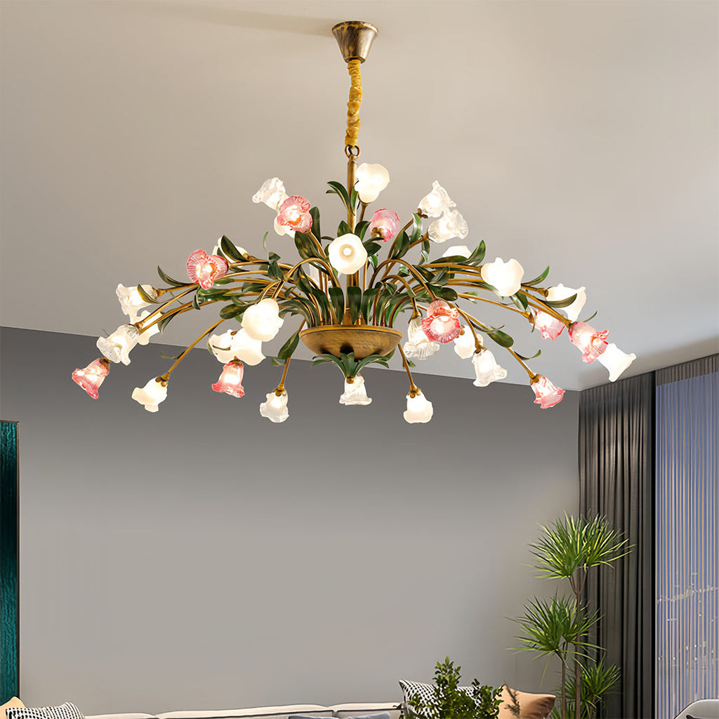 Charming pink and white floral chandelier in a modern room