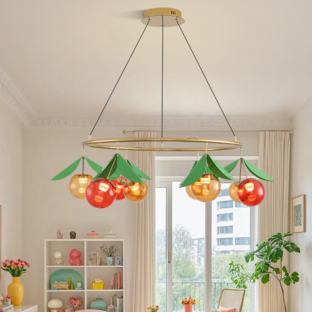 Cherry chandelier as the focal point of a dining room