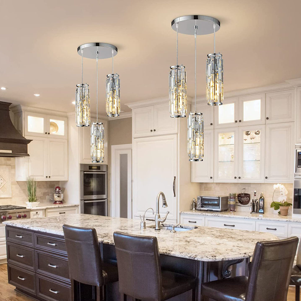 Mini Crystal Pendant Light, Industrial Iron and Crystal Glass Hanging Light for Kitchen Island and Bar, 1 or 3-Light in Black, Gold or Chrome