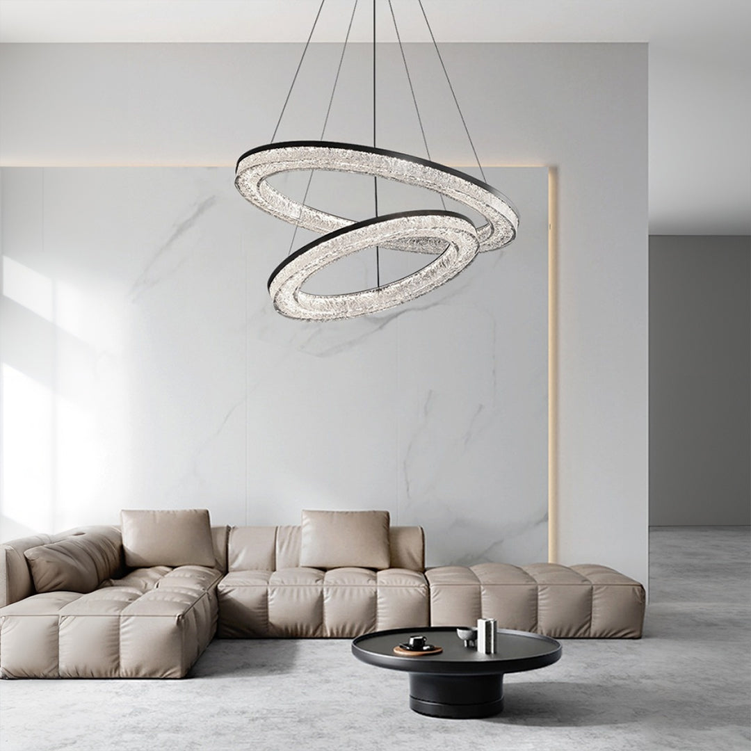 Circle pendant light hanging in a modern living room