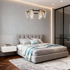Circular chandelier hanging in a bedroom