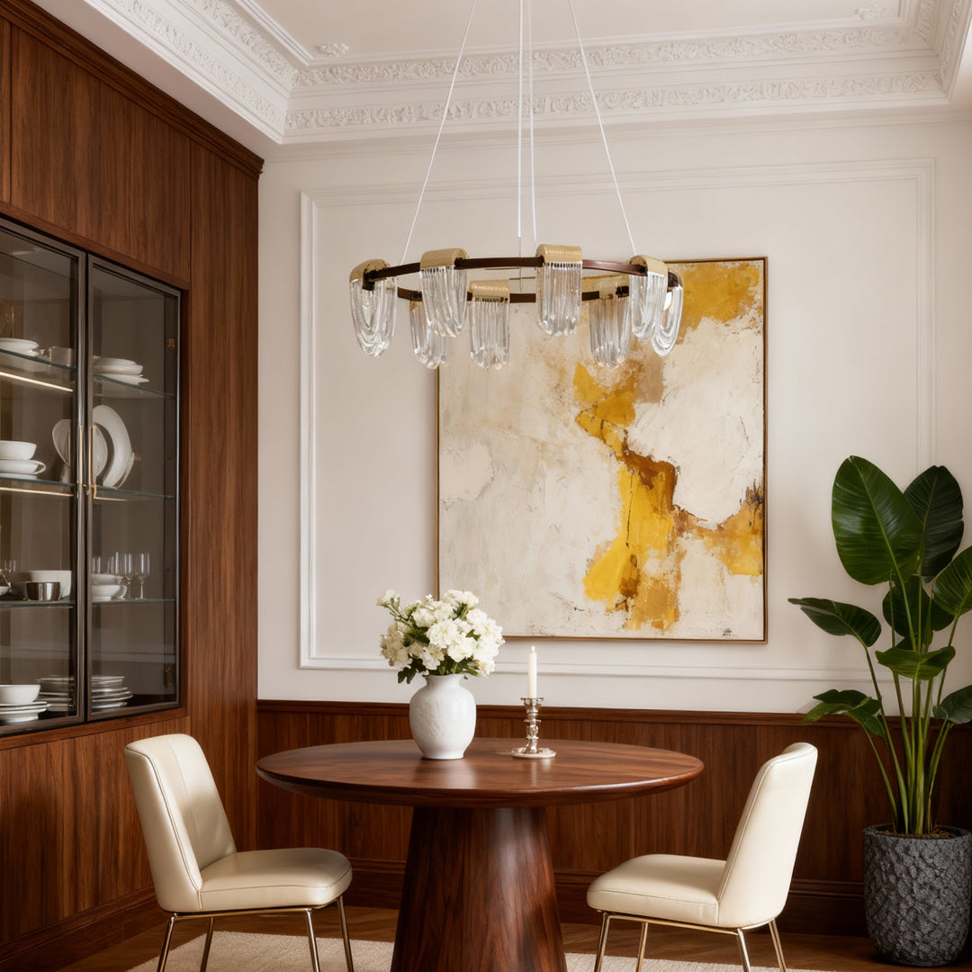 Circular chandelier hanging in a dining room