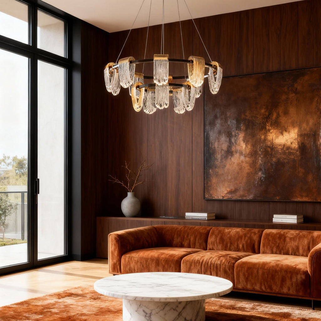 Circular chandelier hanging in a living room