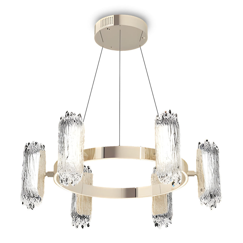 Circular metal ring chandelier with crystal shades