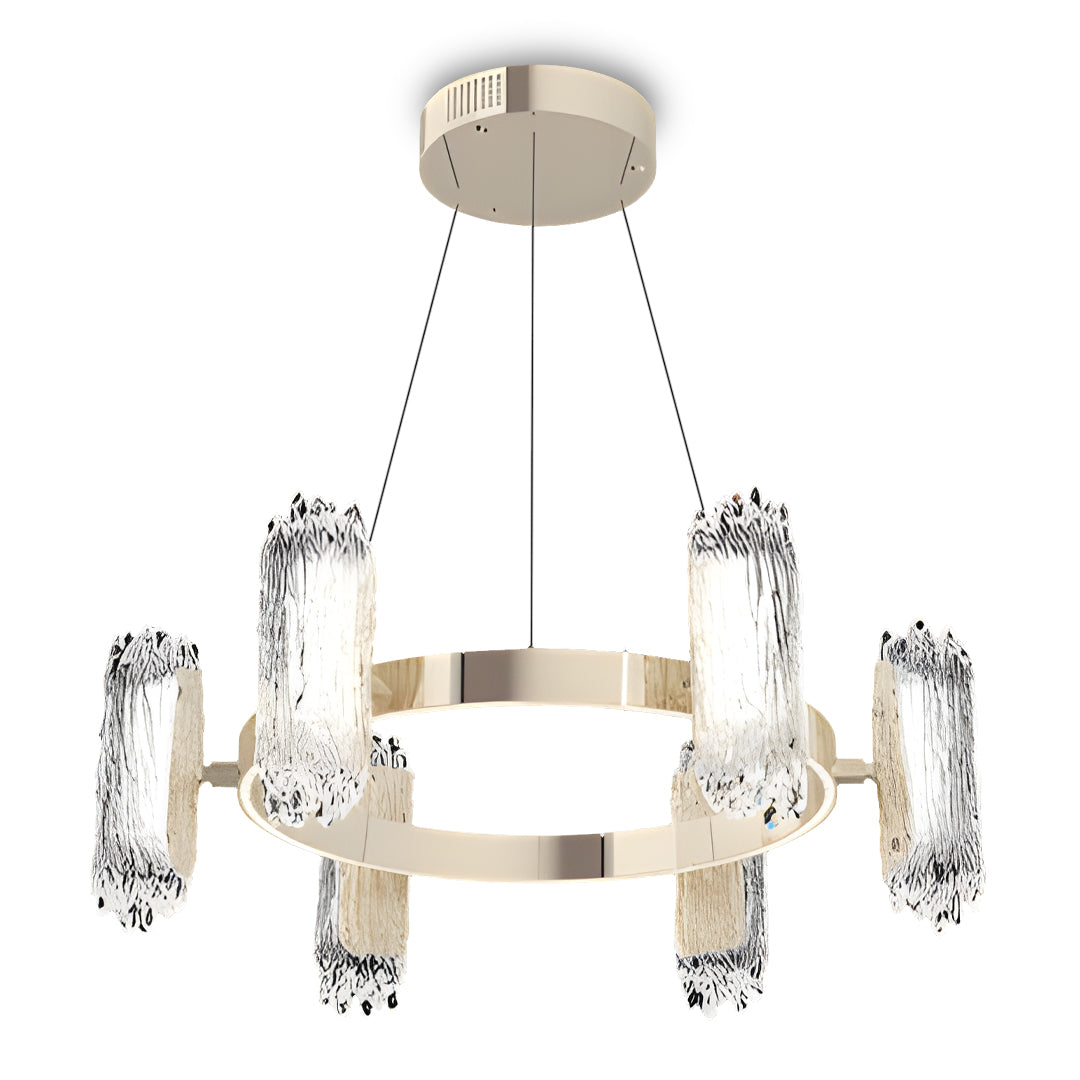 Circular metal ring chandelier with crystal shades