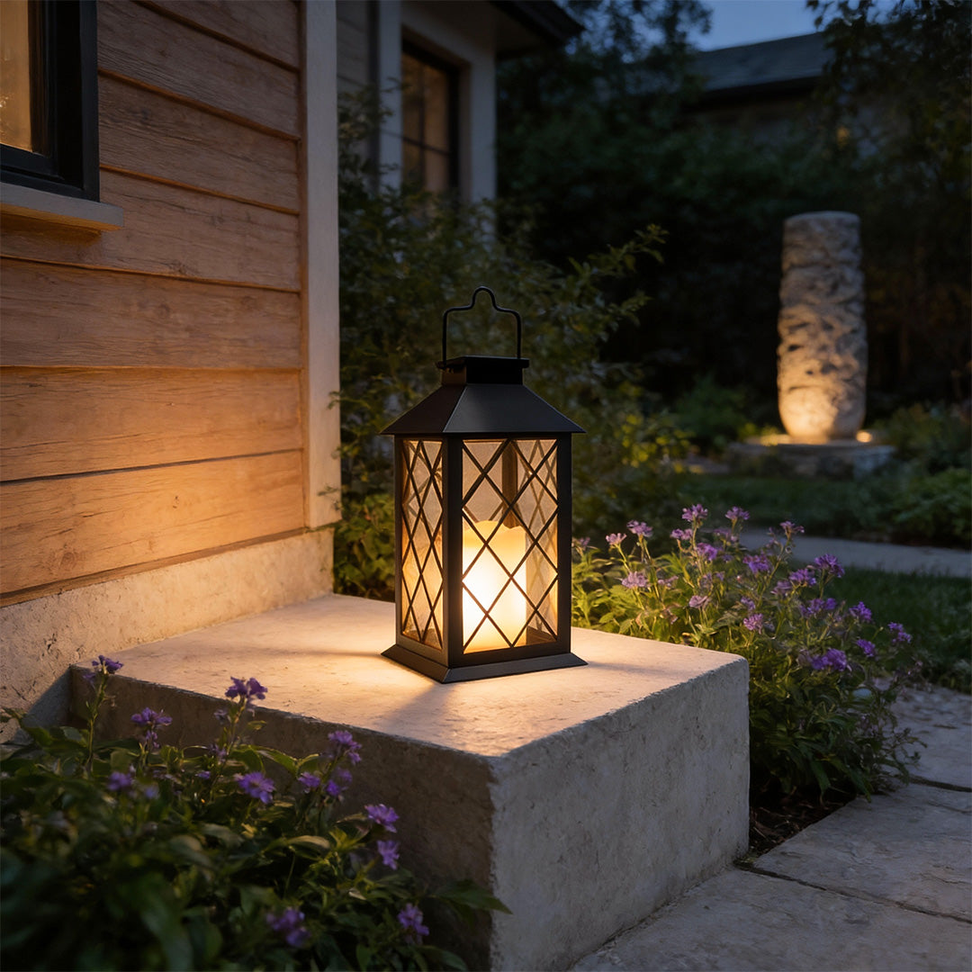 Portable Solar Candlestick Lantern, Industrial Black LED Outdoor Table Lamp for Patios and Balconies, Warm White Glow