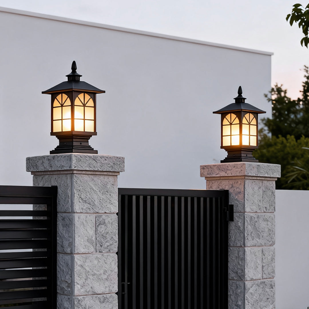 Classic post lantern mounted on a gate post