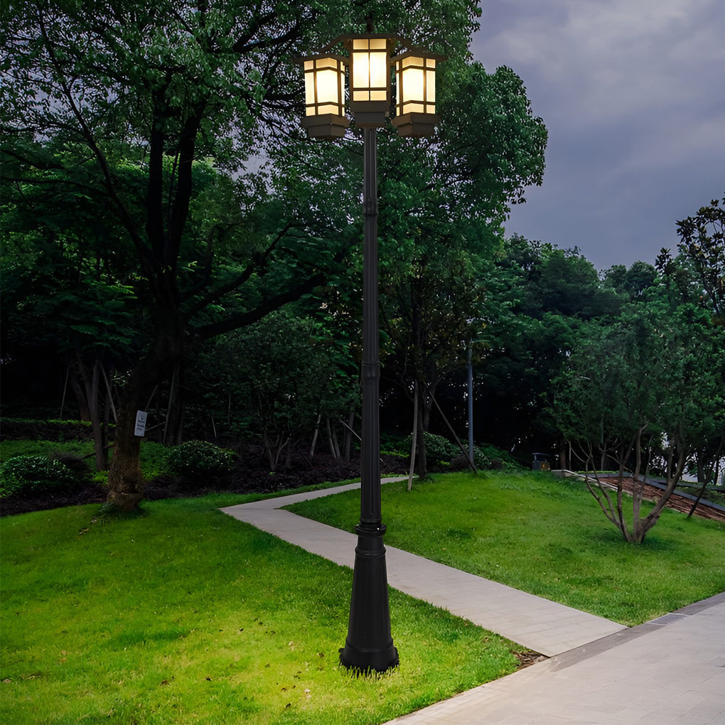 Two-Head Outdoor Post Light, Black Die-Cast Aluminum Waterproof Lamp Post for Driveways and Gardens, Solar or Hardwired with Glass Shades