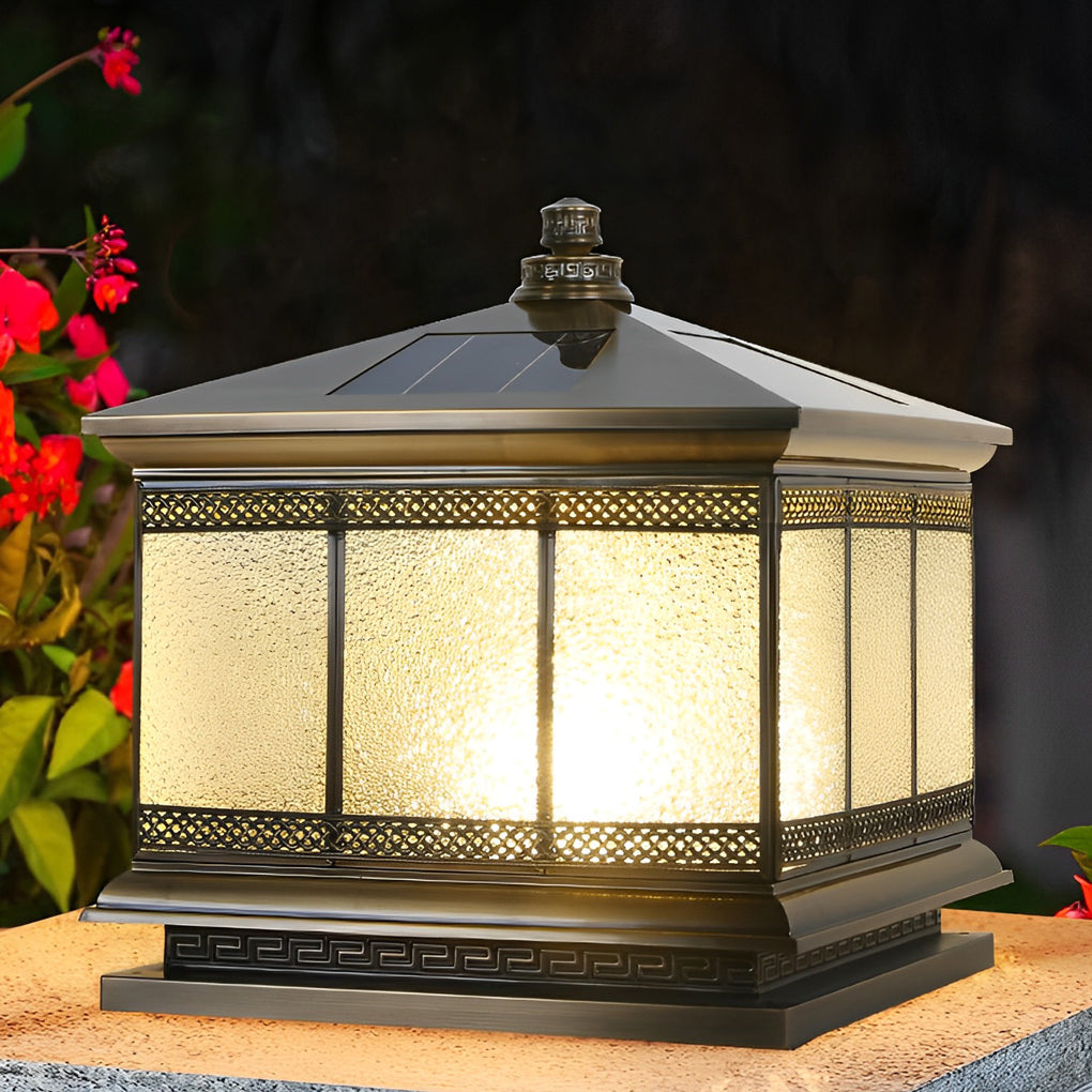 Copper Gate Pillar Light, Antique Bronze Waterproof Solar or Hardwired Post Lantern for Driveway and Fence Columns, Three Sizes