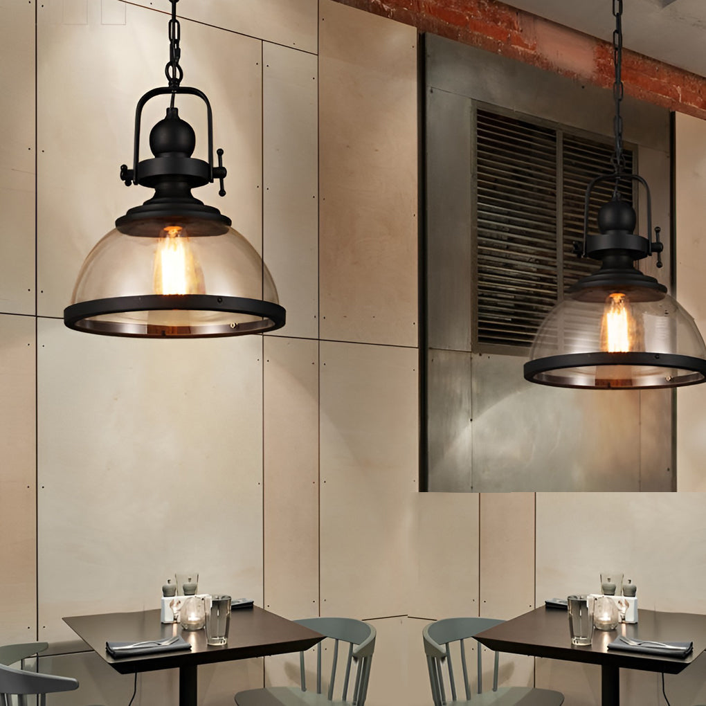 Clear Glass Pendant Light, Industrial Bowl-Shade Ceiling Fixture for Kitchens and Dining Rooms, Black Iron Frame Detail