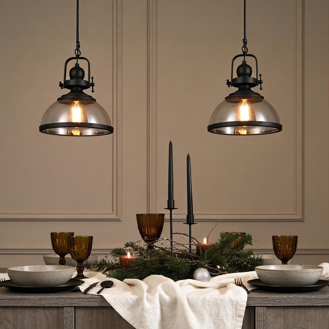 Clear Glass Pendant Light, Industrial Bowl-Shade Ceiling Fixture for Kitchens and Dining Rooms, Black Iron Frame Detail