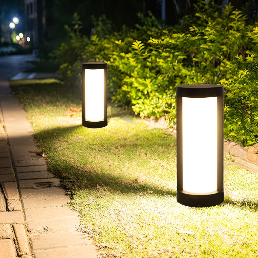 Bollard Landscape Light, Modern Black Cylindrical LED Path Fixture for Garden and Walkway, Solar or Hardwired in Four Heights