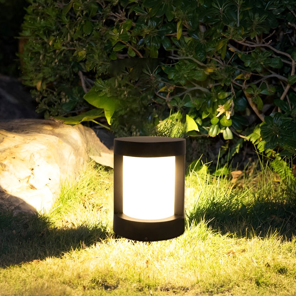 Bollard Landscape Light, Modern Black Cylindrical LED Path Fixture for Garden and Walkway, Solar or Hardwired in Four Heights