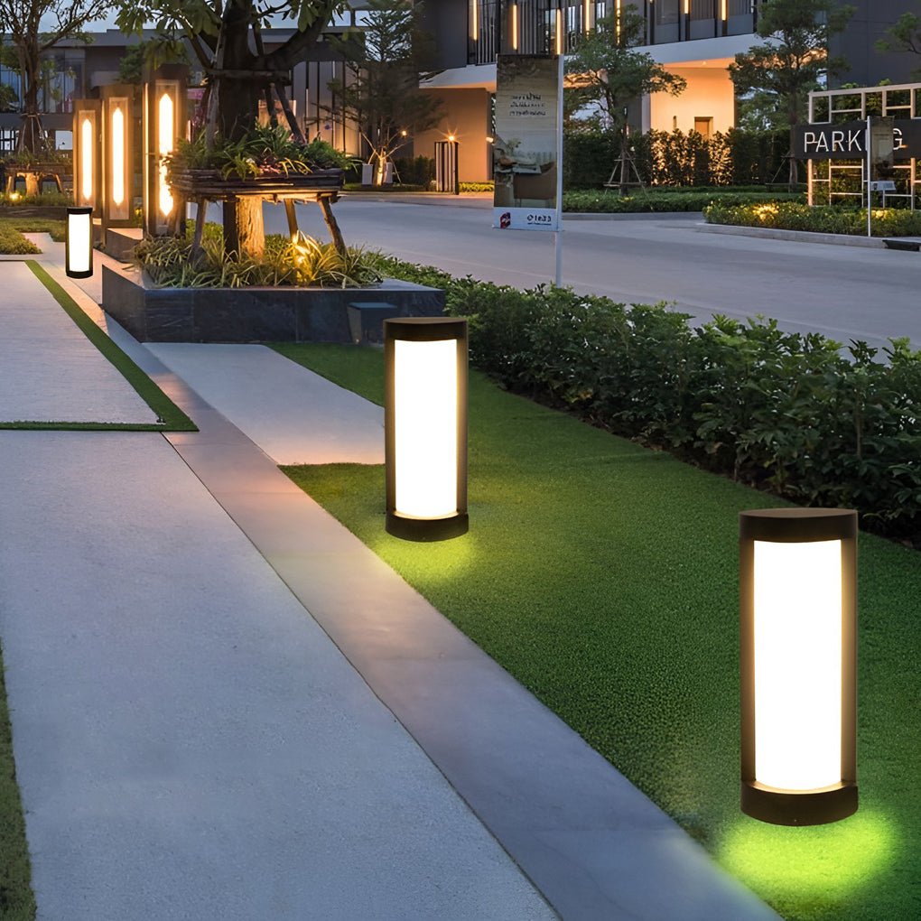 Bollard Landscape Light, Modern Black Cylindrical LED Path Fixture for Garden and Walkway, Solar or Hardwired in Four Heights