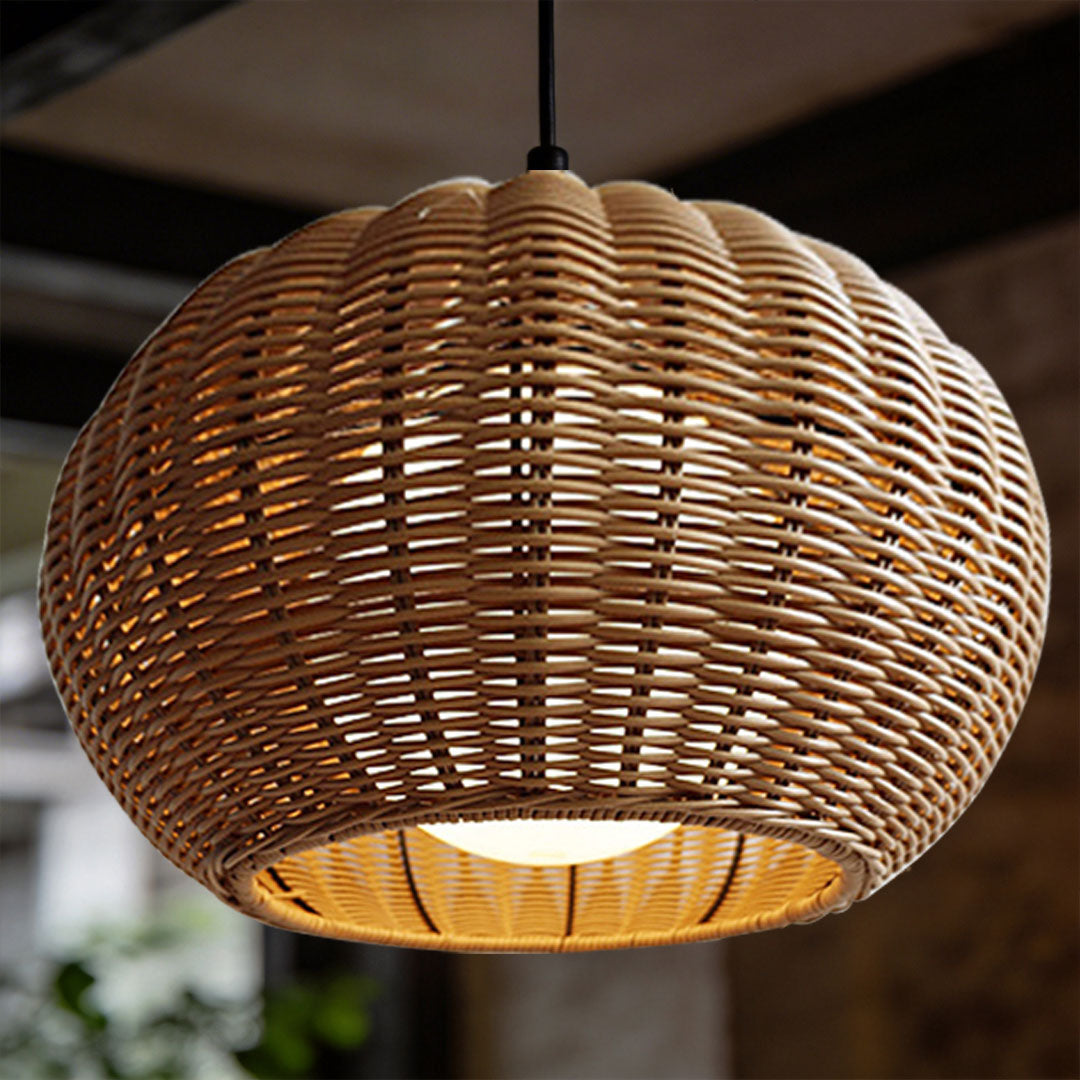 Rattan Outdoor Pendant Light, Woven Bohemian Hanging Lantern for Patios and Porches, Weather-Resistant Warm LED Glow