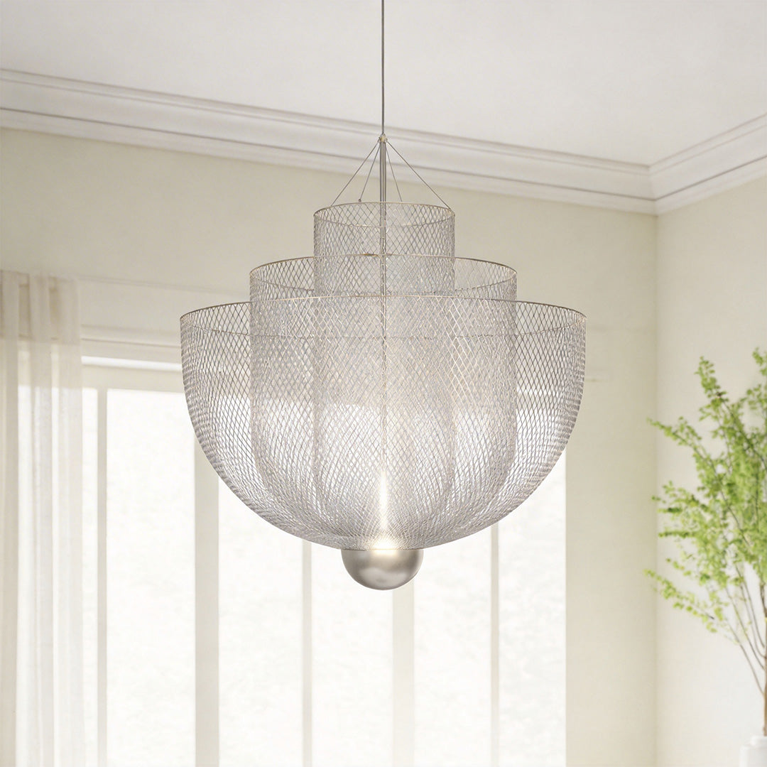 Close-up of the draped metal chains on the tiered mesh chandelier