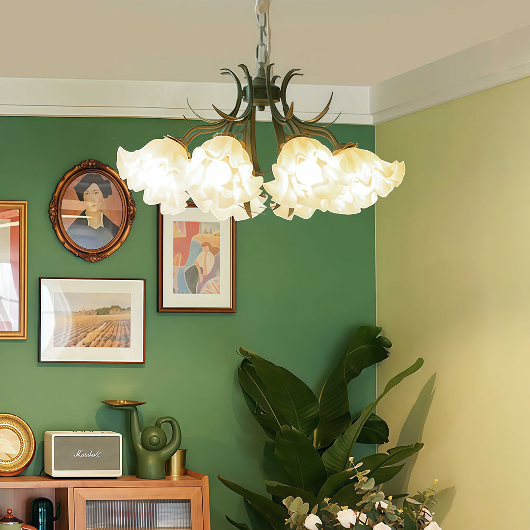 Close-up of the white floral shades on the chandelier