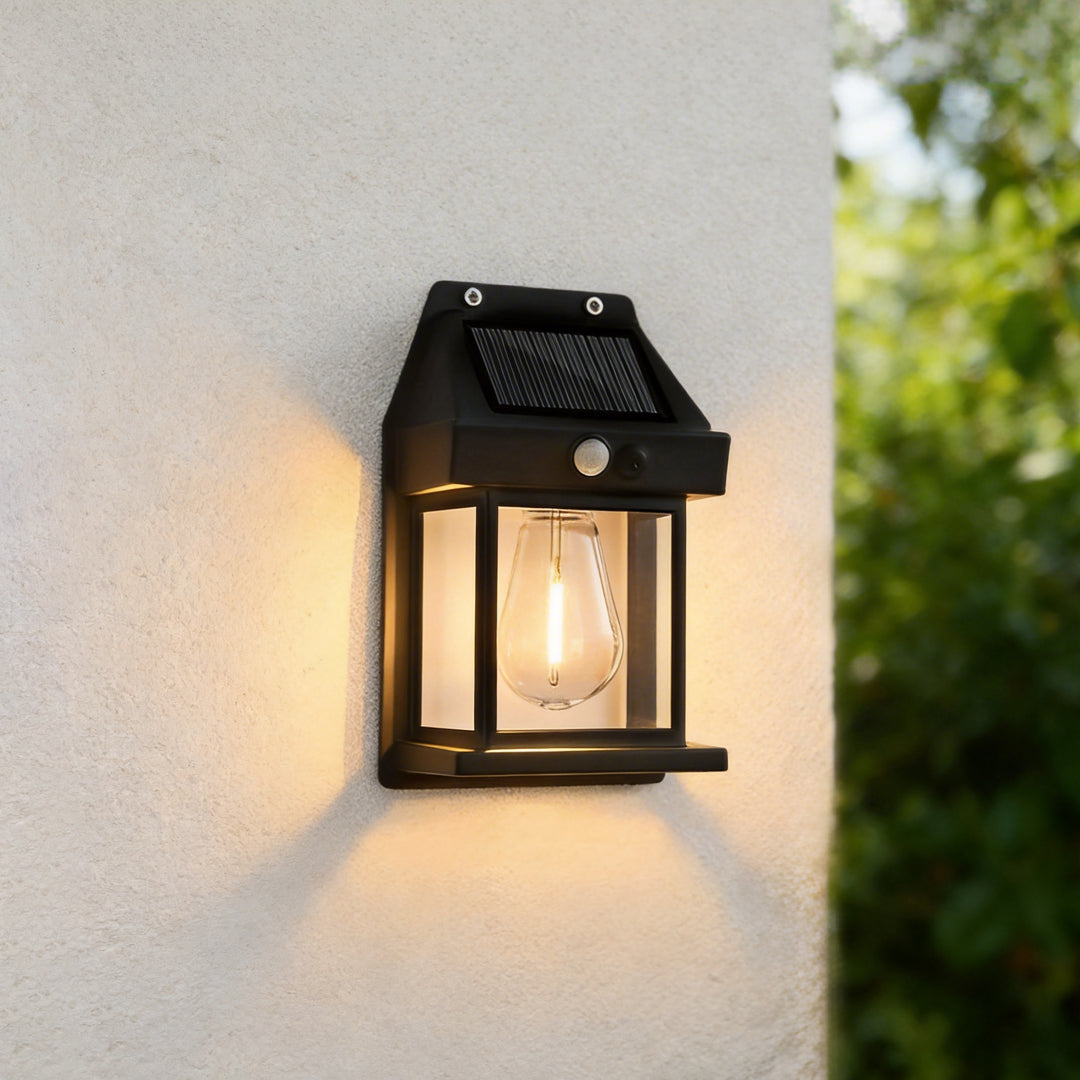 Solar Wall Lantern with Motion Sensor, Tungsten-Style Outdoor Sconce for Porches and Entryways, Seven Styles in Black or White