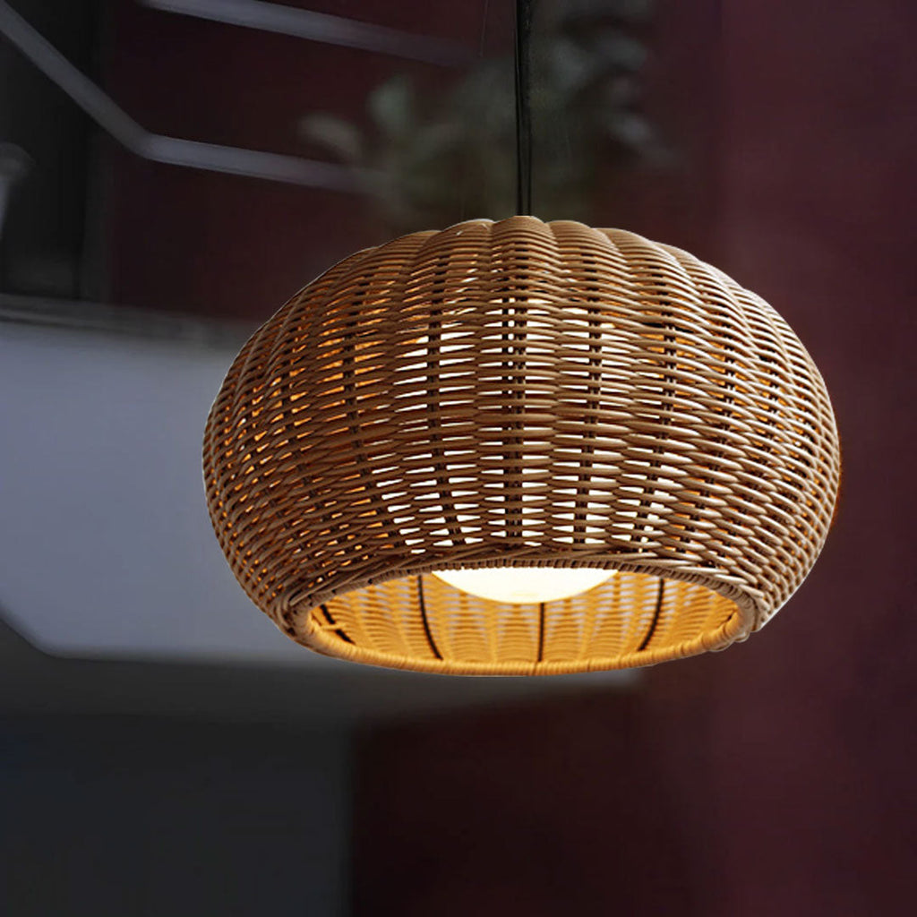 Rattan Outdoor Pendant Light, Woven Bohemian Hanging Lantern for Patios and Porches, Weather-Resistant Warm LED Glow