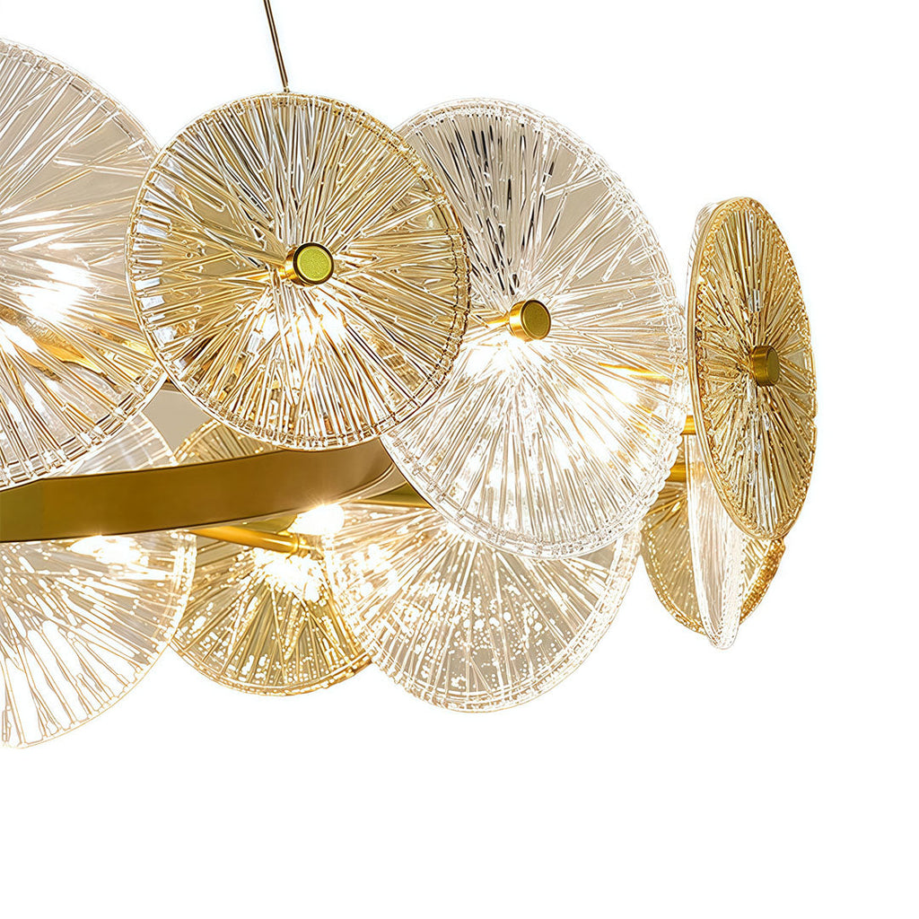 Close-up of the crystals on the large glass chandelier