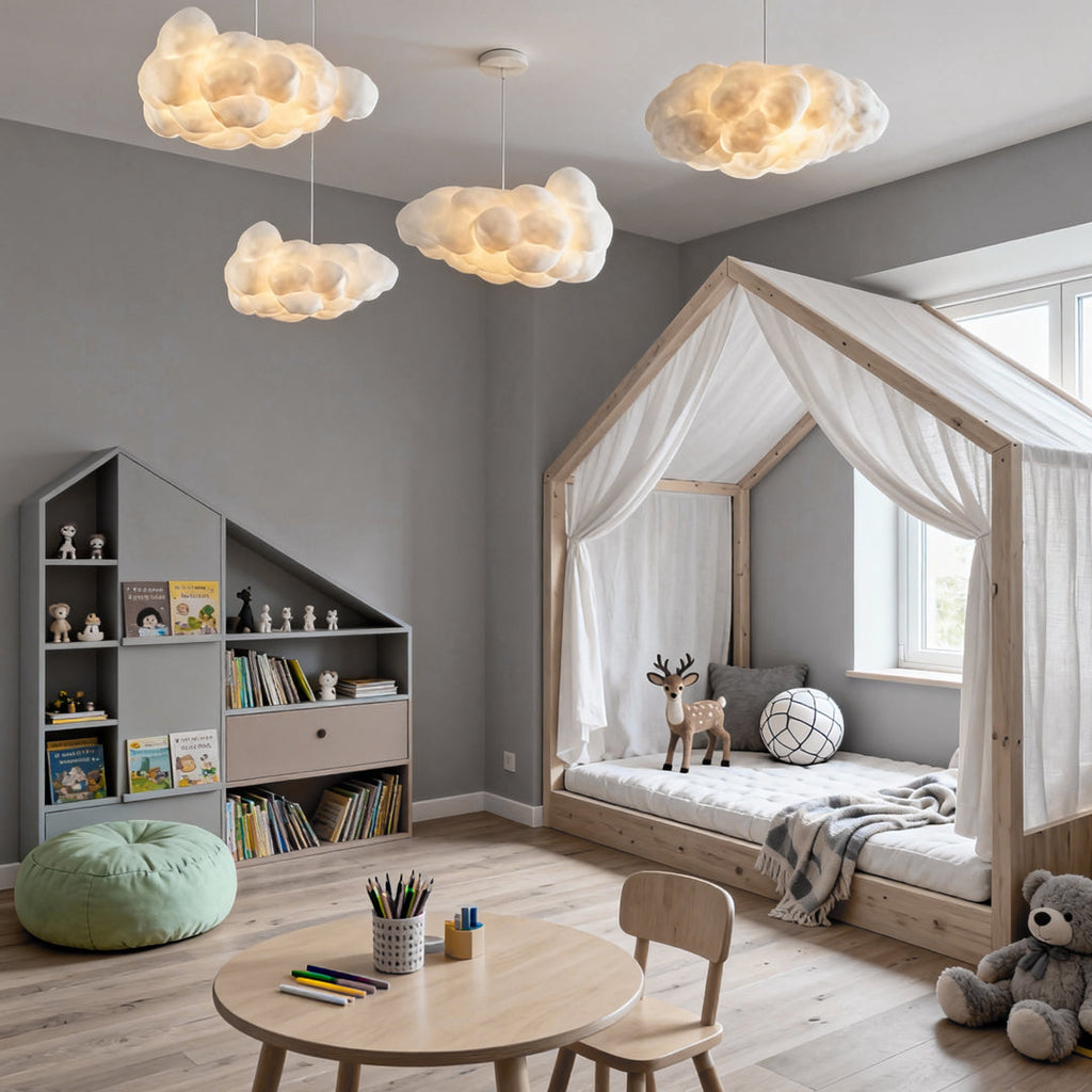 Cloud pendant light above an indoor play area